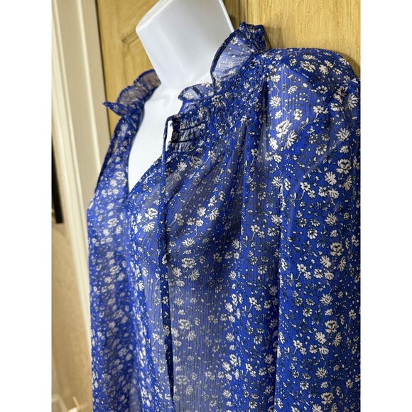 LOFT Women’s Sheer Blouse V Neck Long Sleeve Floral Blue Size Medium M - Picture 3 of 5